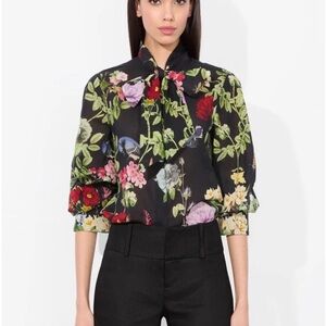Alice + Olivia Black Floral Tie-Neck Puff Sleeve Blouse